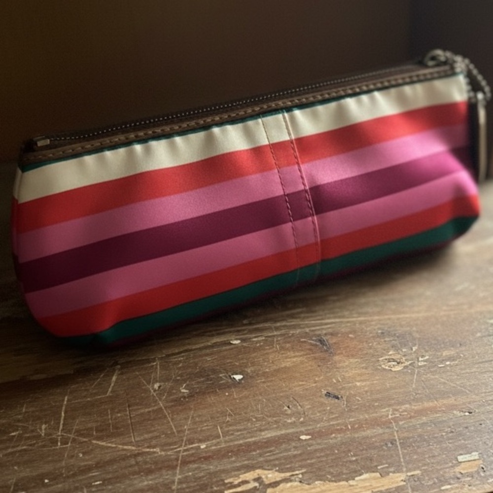 Coach Vintage Legacy Multicolor Striped Sateen With Leather Trim Cosmetic Pouch - Picture 5 of 9